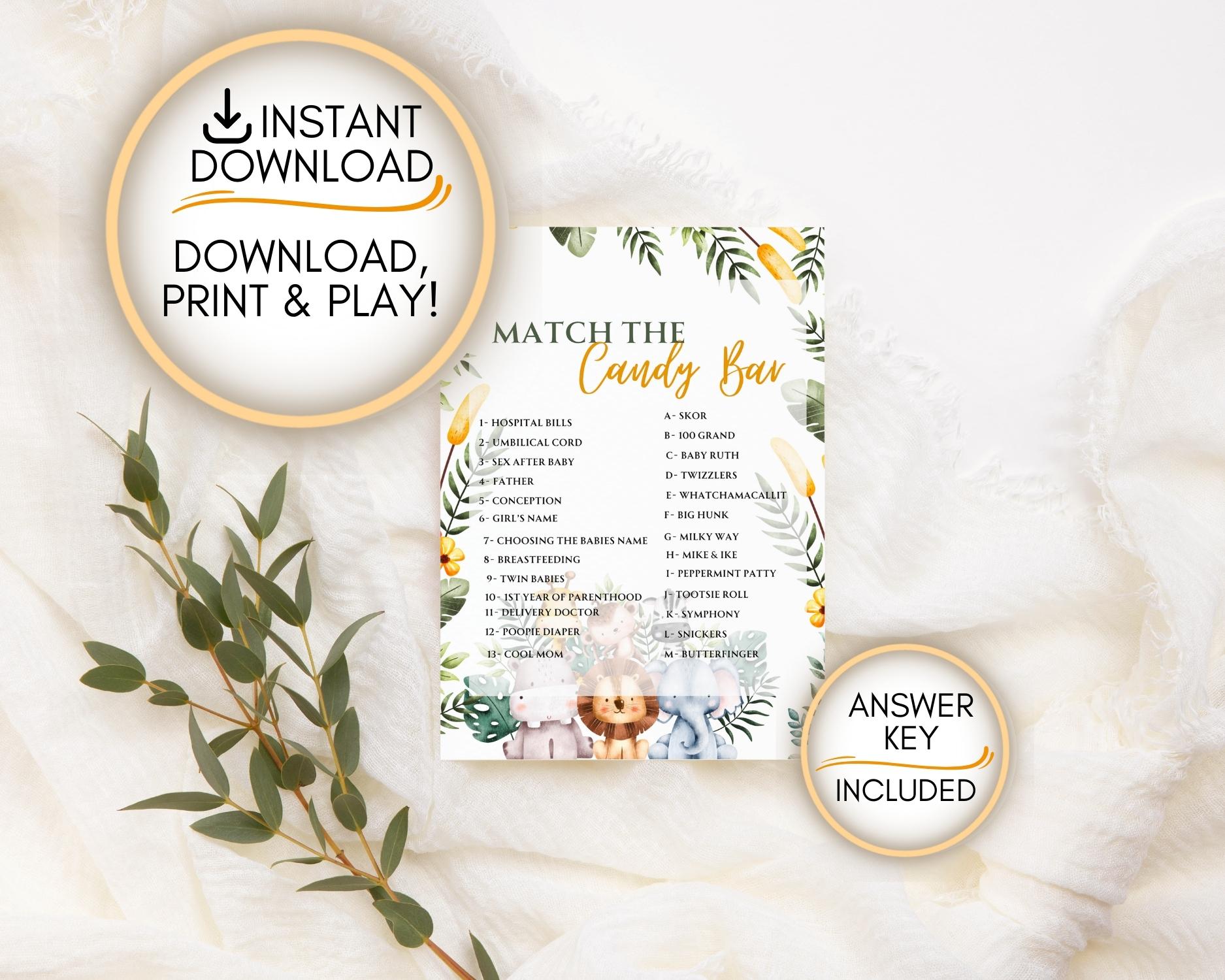 Safari themed Match the candy bar game: Editable PDF Download for Baby Shower Games