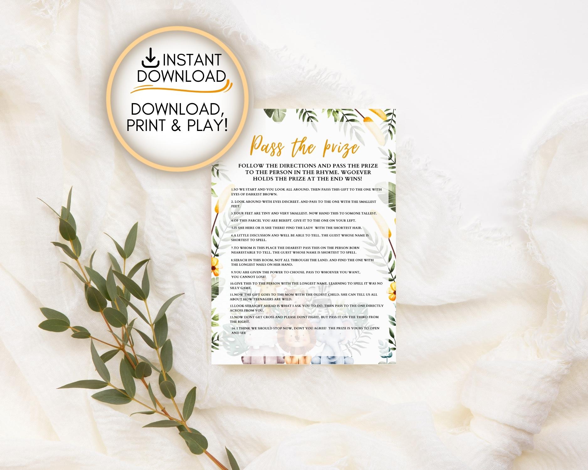 Safari themed Pass the Price game: Editable PDF Download for Baby Shower Games