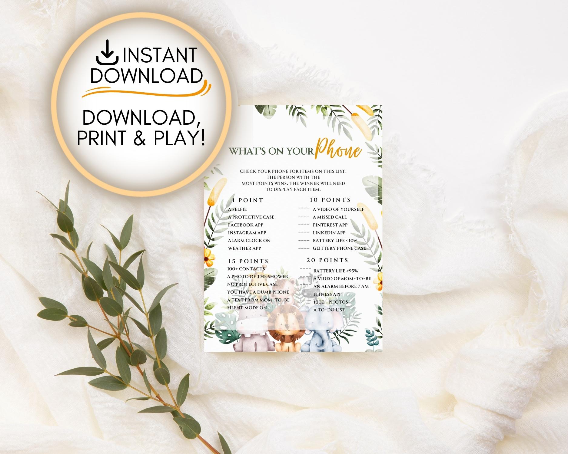 Safari themed what's on your phone baby shower game printable: Editable PDF Download for Baby Shower Games