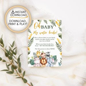 Safari themed My water broke! game: Editable PDF Download for Baby Shower Games