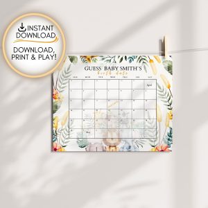 Safari themed Guess the due date calendar activity game: Editable PDF Download for Baby Shower Games