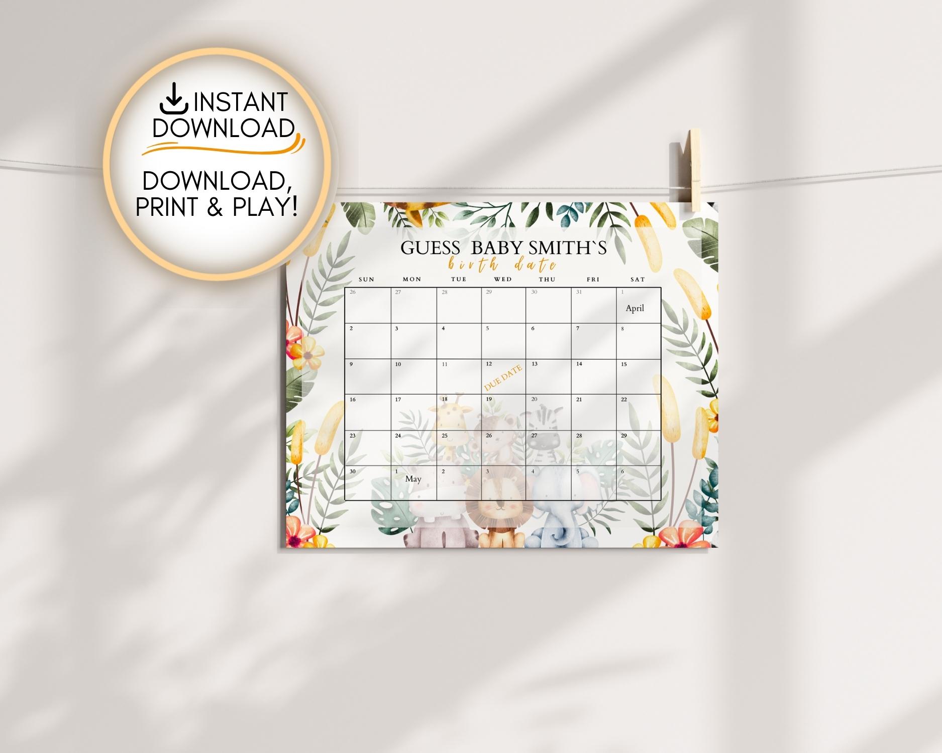 Safari themed Guess the due date calendar activity game: Editable PDF Download for Baby Shower Games