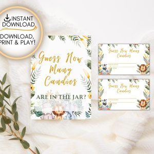 Safari Themed Guess how many candies are in the jar game : Editable Baby Shower Game Printable