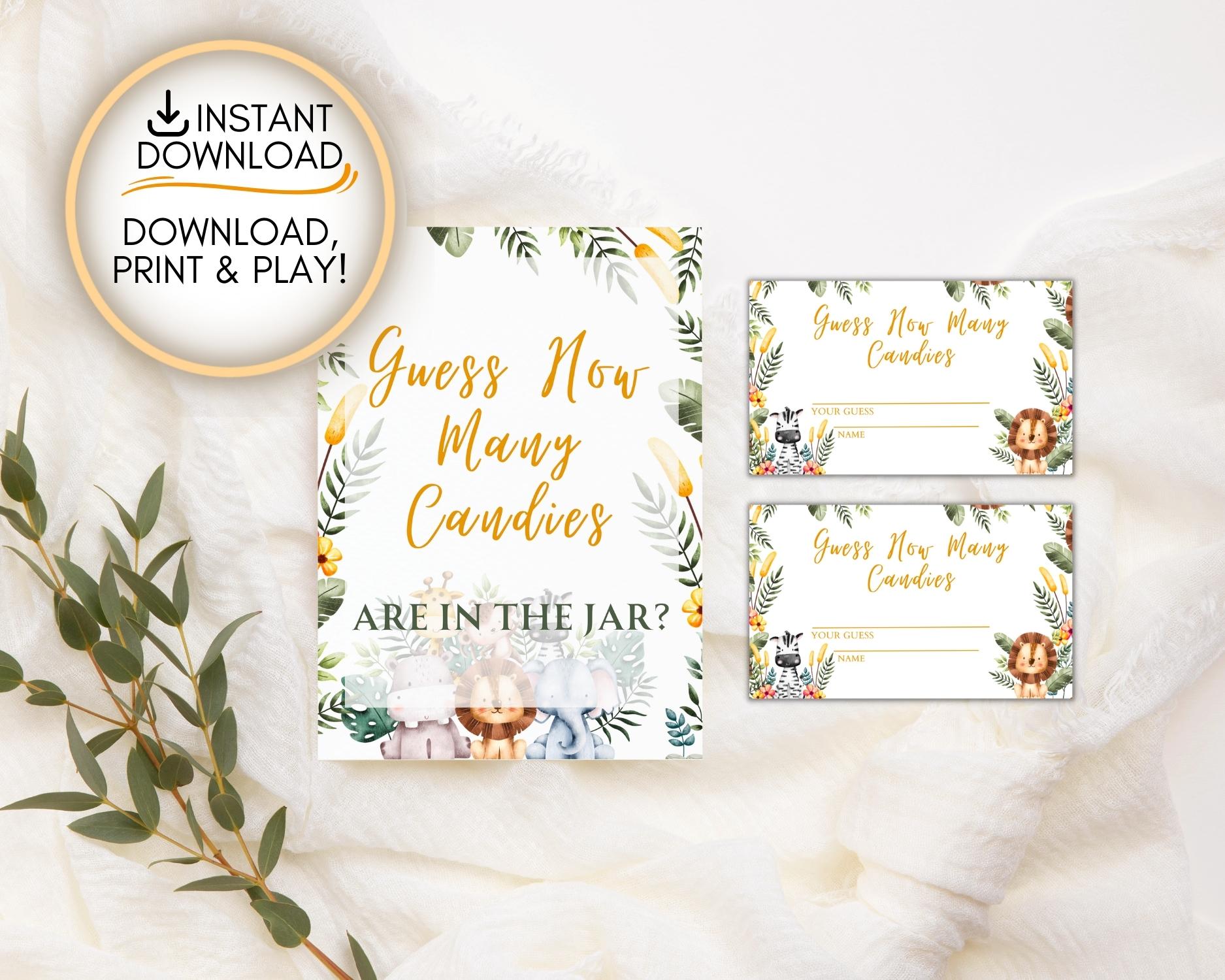 Safari Themed Guess how many candies are in the jar game : Editable Baby Shower Game Printable