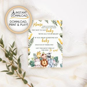 Safari themed Don't say baby Clothespin game: Editable PDF Download for Baby Shower Games
