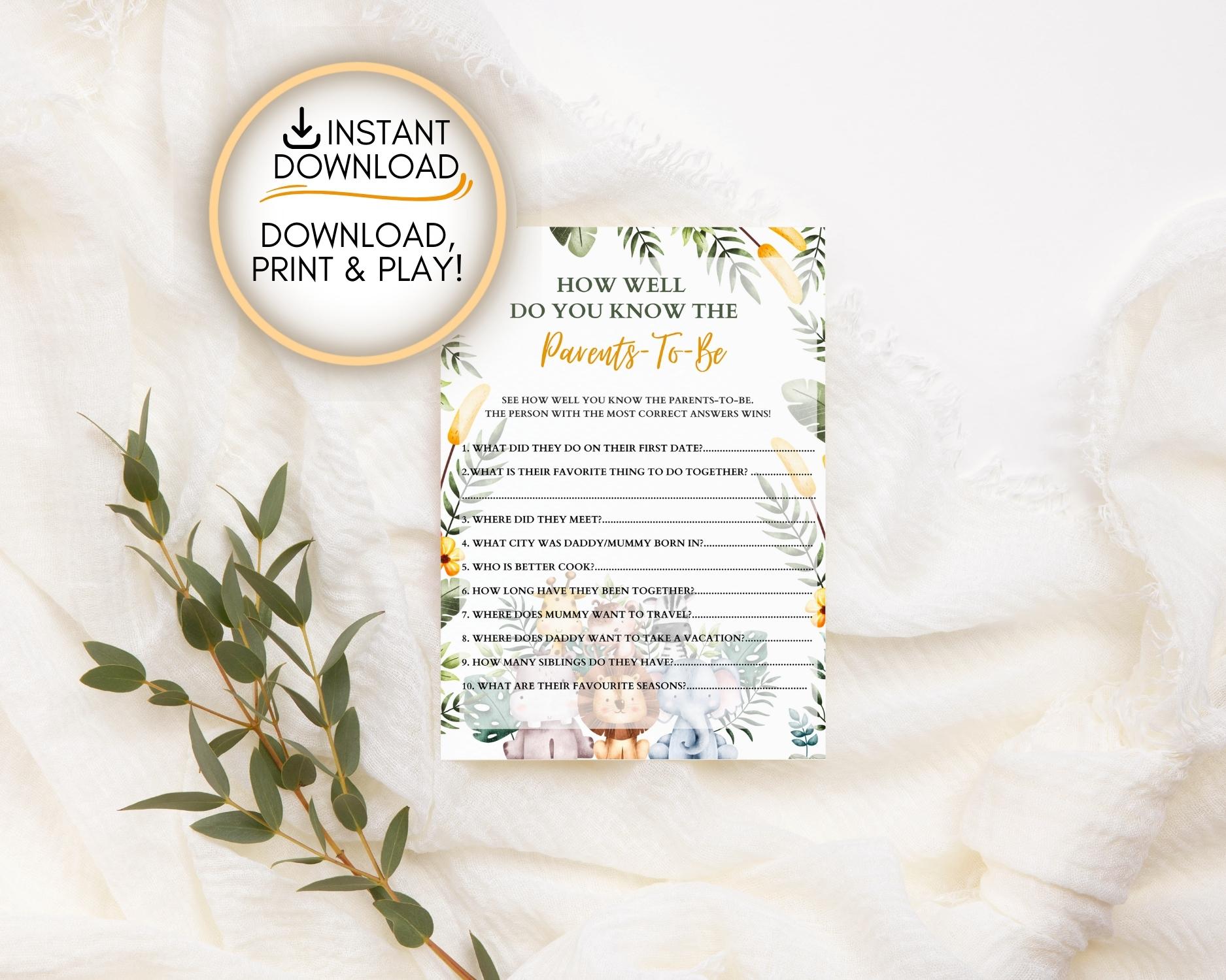 Safari themed How well do you know parents to be game: Editable PDF Download for Baby Shower Games