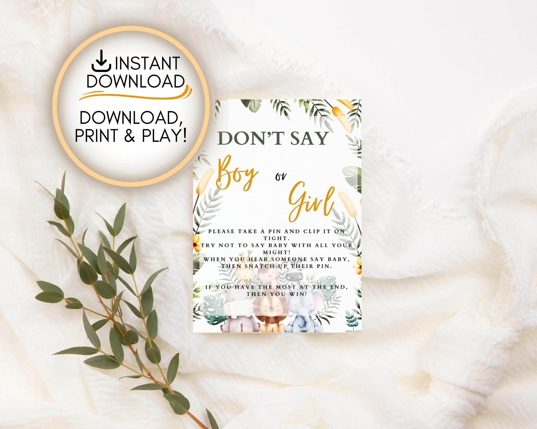 Safari themed Don't say boy or girl game: Editable PDF Download for Baby Shower Games