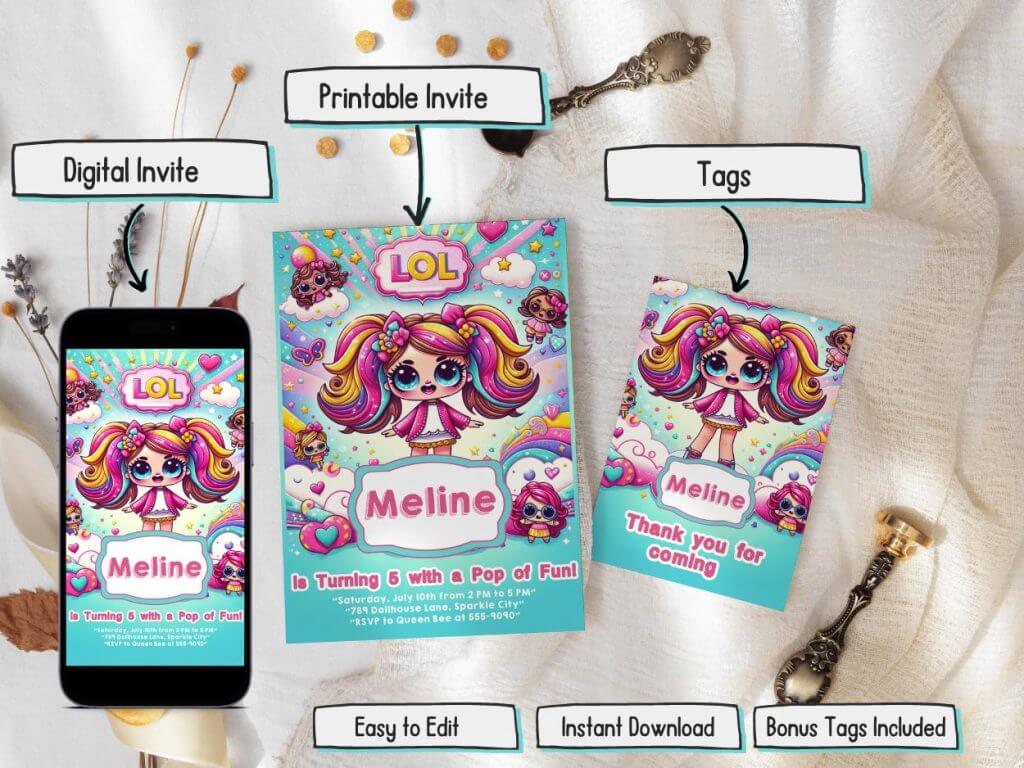 Dolls Invitation Editable template, lolDoll invitation, Pink Doll ...