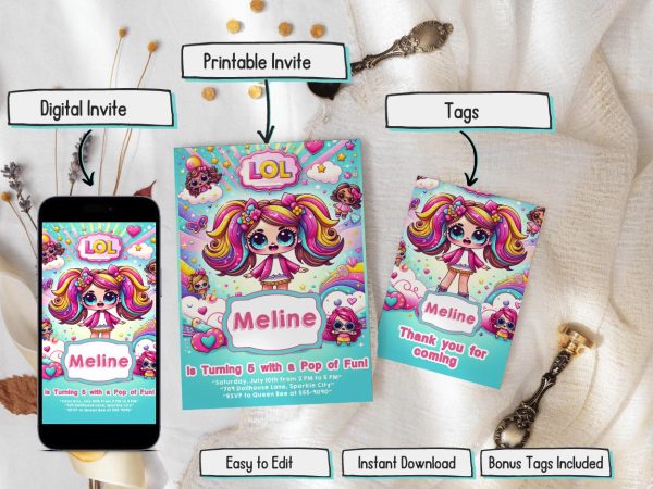 Dolls Invitation Editable template, lolDoll invitation, Pink Doll ...