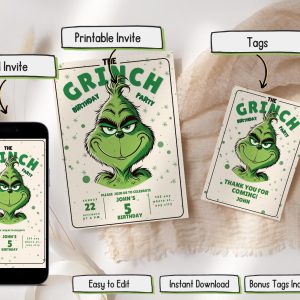 Editable Grinch Invitation, Merry Grinchmas invitation, Grinch Christmas Birthday Invitation, Grinch Party mobile Invitation, grinch tags