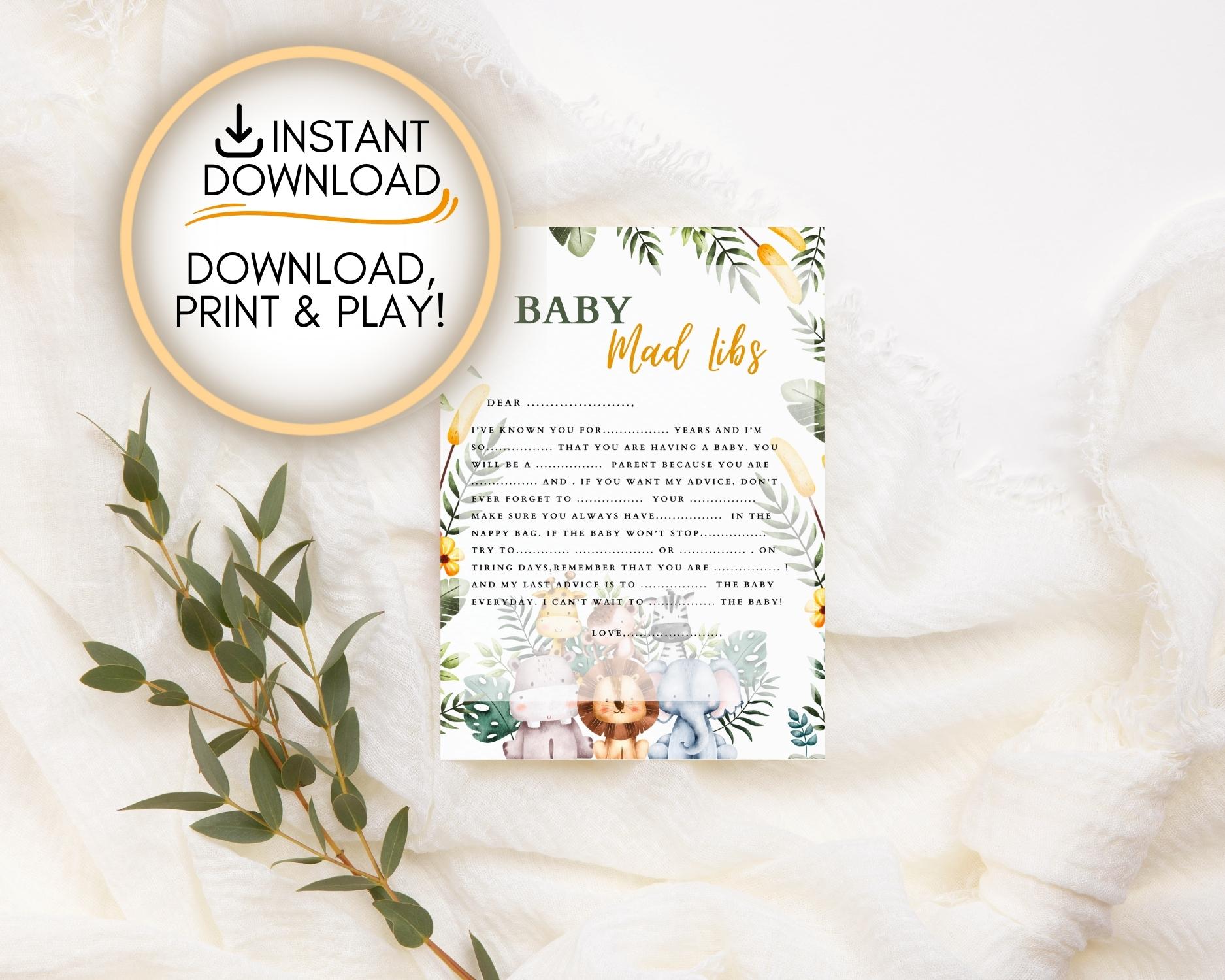 Safari themed Mad Libs Game: Editable Baby Shower Games Printable