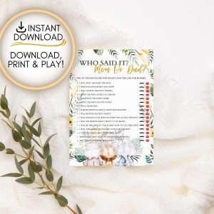 Safari themed Who said it mom or dad game: Editable PDF Download for Baby Shower Games