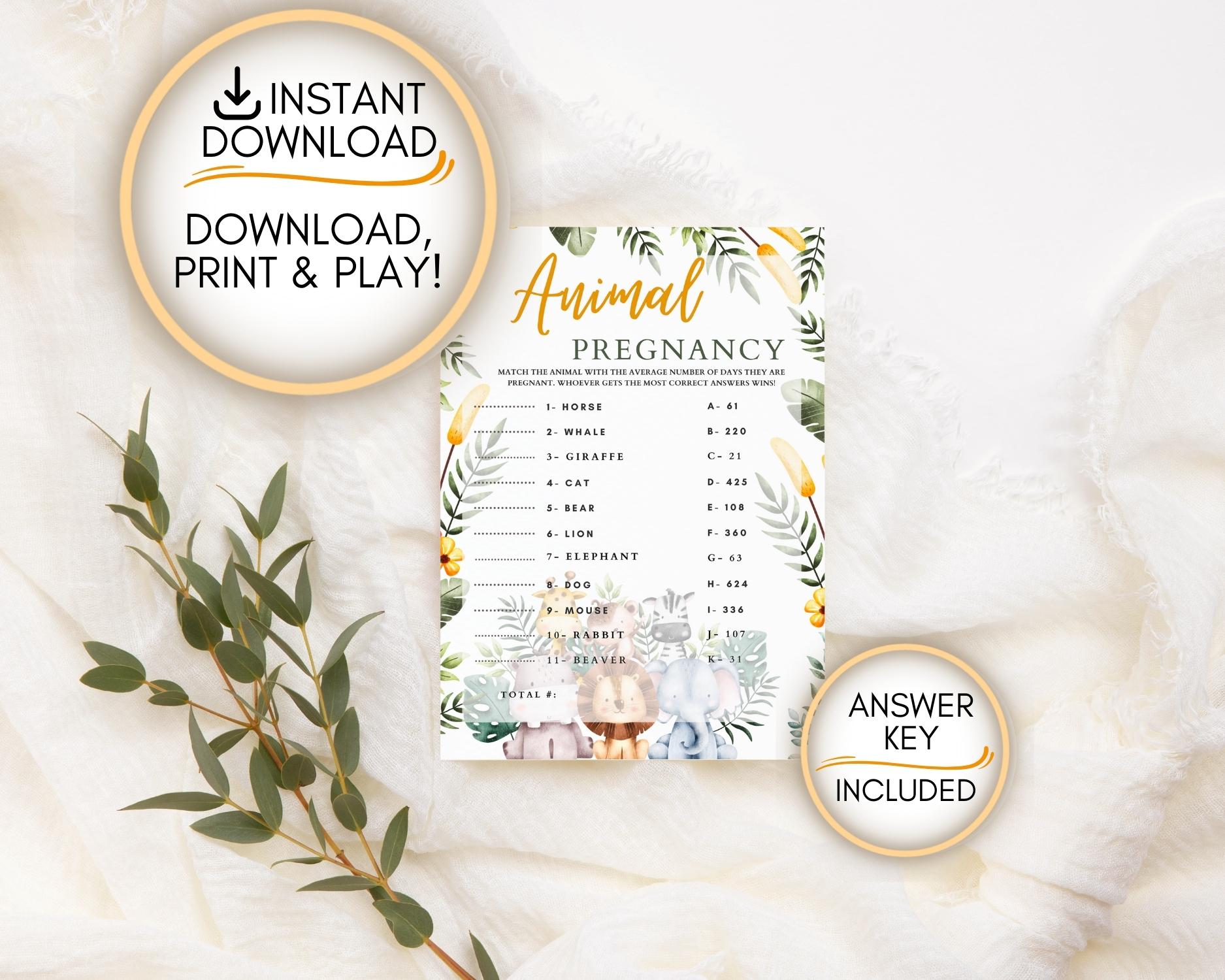 Safari themed Animal pregnancy game: Editable PDF Download for Baby Shower Games