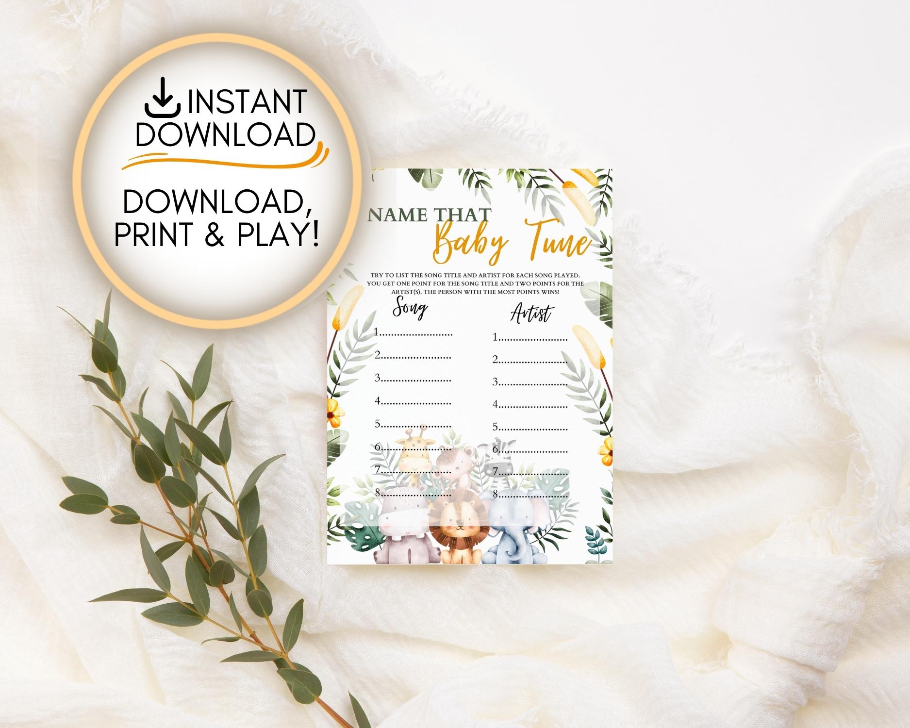 Safari themed Name That Baby Tune game: Editable PDF Download for Baby Shower Games