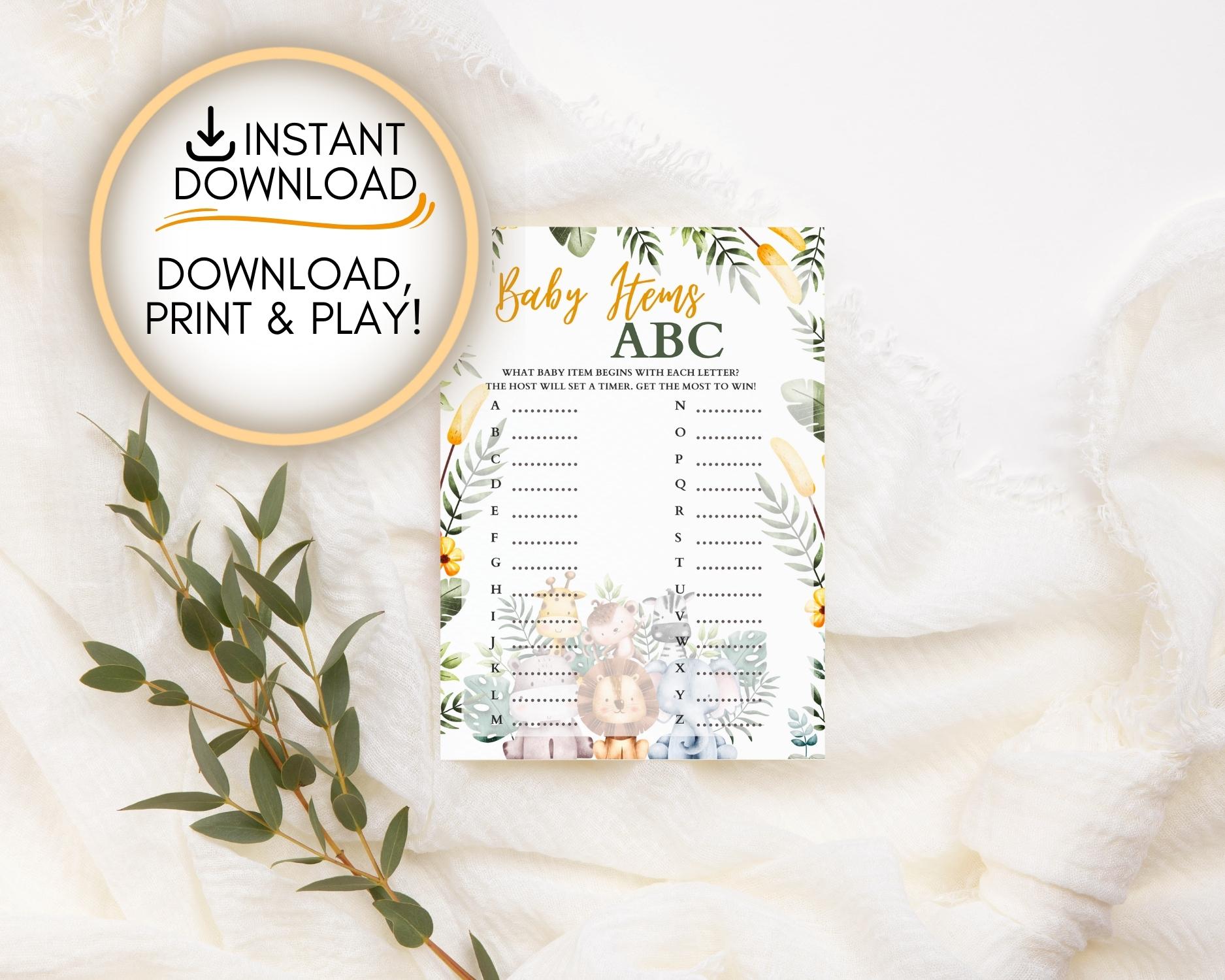 Safari themed Baby Items ABC game: Editable PDF Download for Baby Shower Games