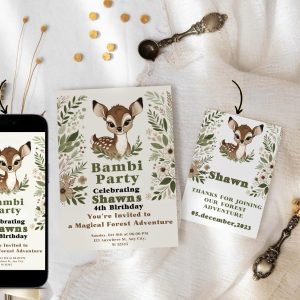 Bambi Themed Invitation and Tags Set: Printable Birthday Party Templates for Kids