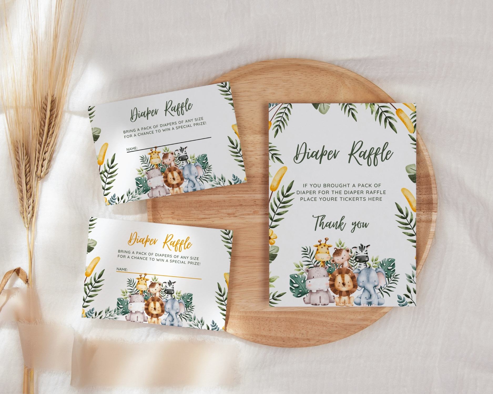Diaper Raffle Set, table sign for baby shower party safari themed