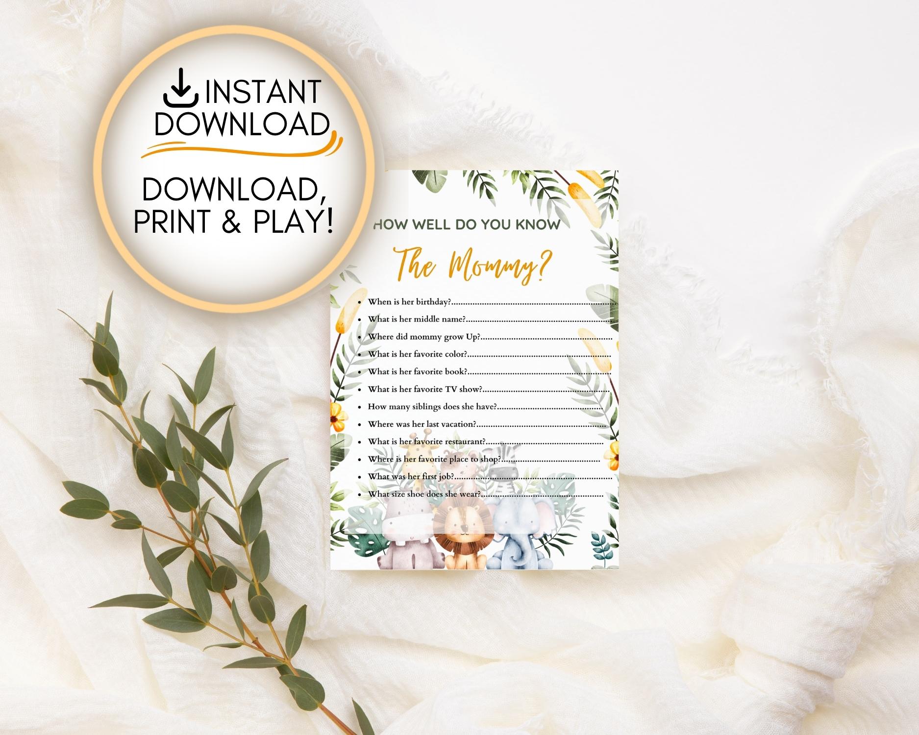 Safari Themed Baby Shower How well do you know the mommy game: Editable PDF Download for Baby Shower Games