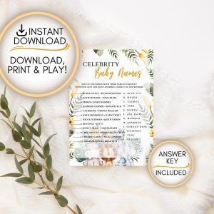 Safari themed Celebrity baby names game: Editable PDF Download for Baby Shower Games