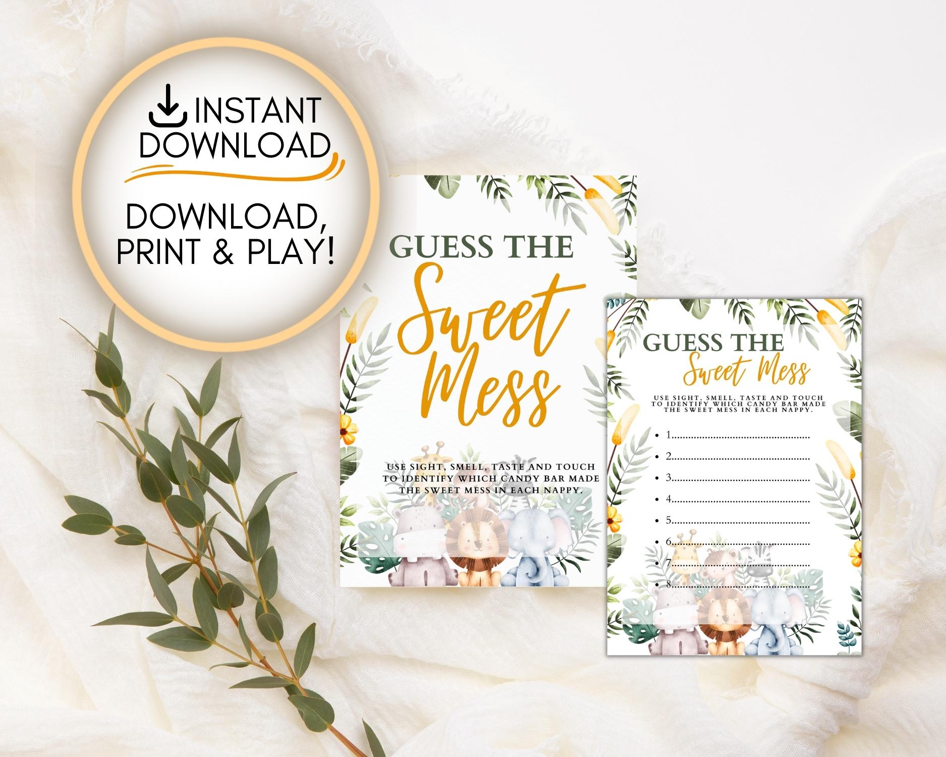 Safari themed Guess the sweet mess game: Editable PDF Download for Baby Shower Games