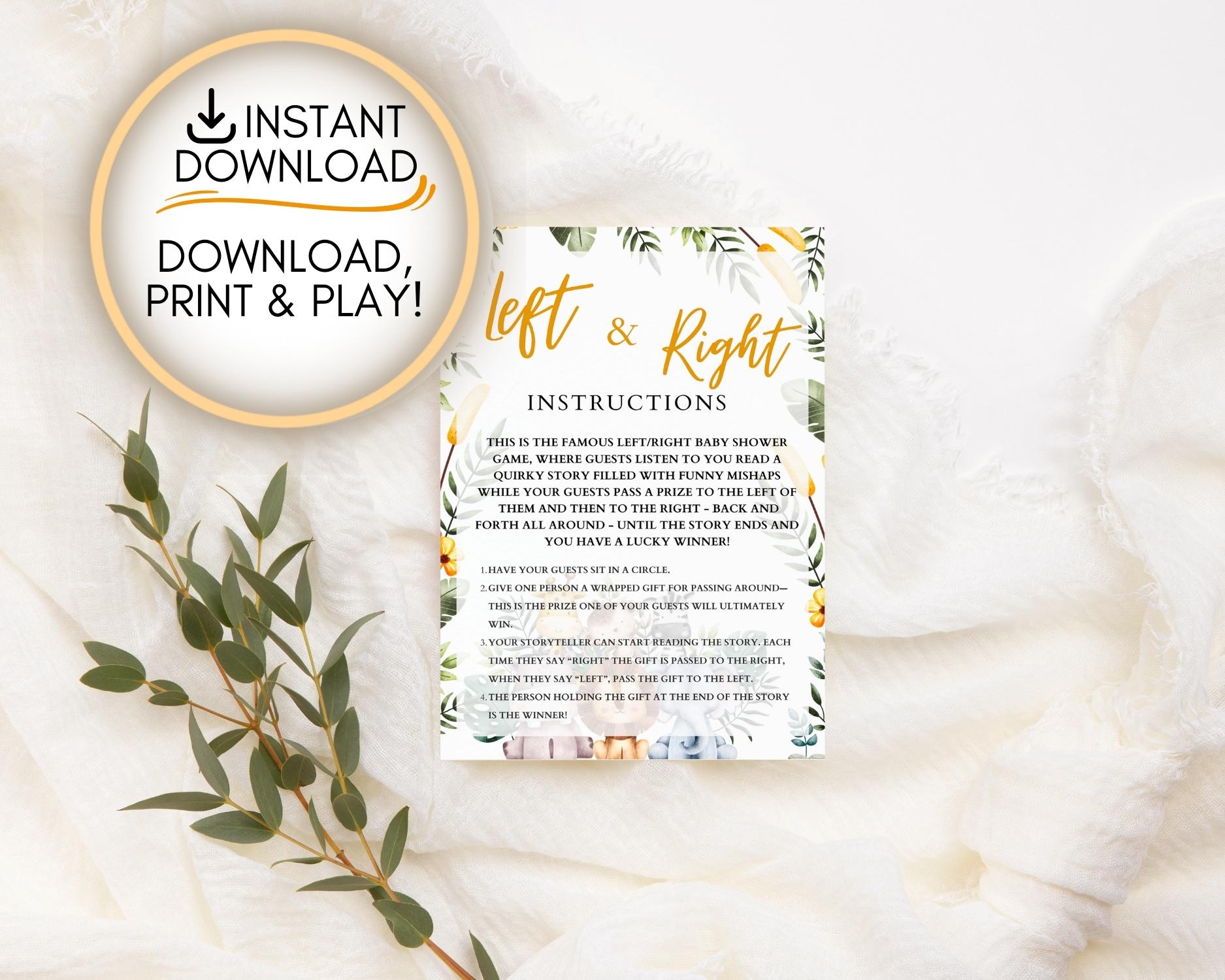 Safari themed Left and right baby shower game: Editable PDF Download for Baby Shower Games