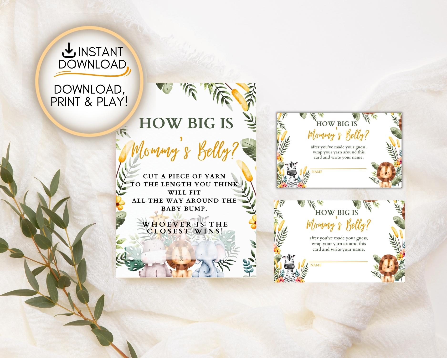 Safari themed How Big Is Mommy's Belly? game: Editable PDF Download for Baby Shower Games