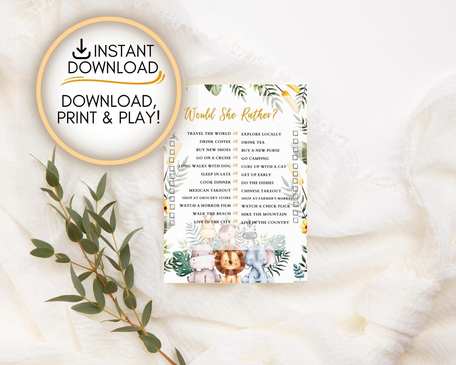 Gioco Baby Shower 'Would Mummy Rather' A Tema Safari – 20 Schede Giocatori, Prodotto Britannico