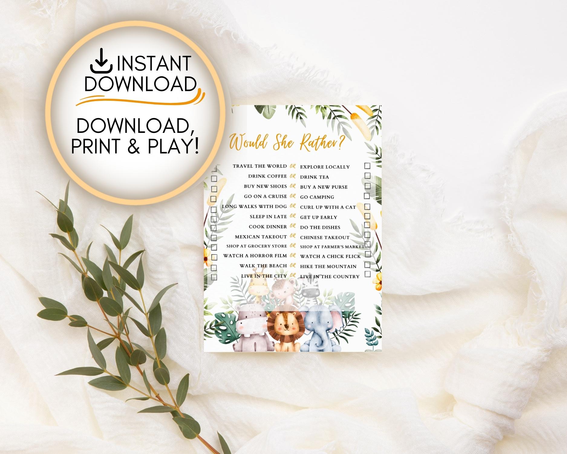 Safari themed Would she rather game: Editable PDF Download for Baby Shower Games
