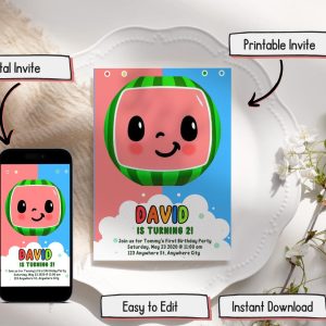 Cocomelon 1st Birthday Invitation: Customizable Printable Template for Kids' Party