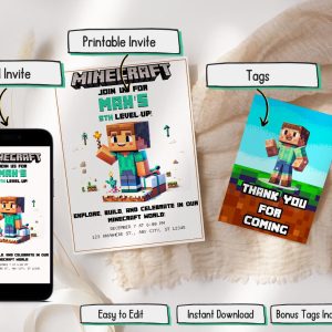 Minecraft Birthday Party Invitation Template: Printable Canva Design for Kids' Parties