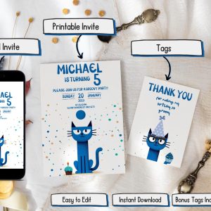 Pete the Cat Invitation and Tags Set: Printable Birthday Party Kit with Customizable Templates