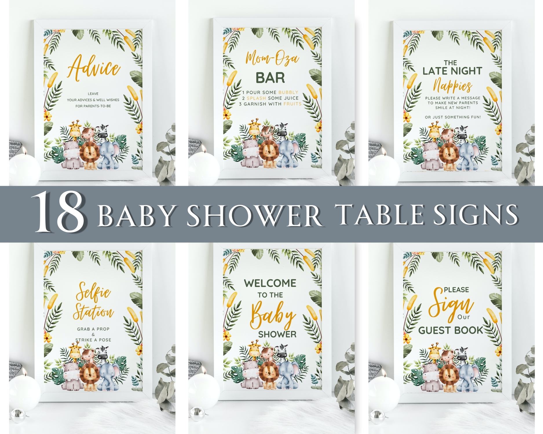 8 Table signs bundle for baby shower party safari themed