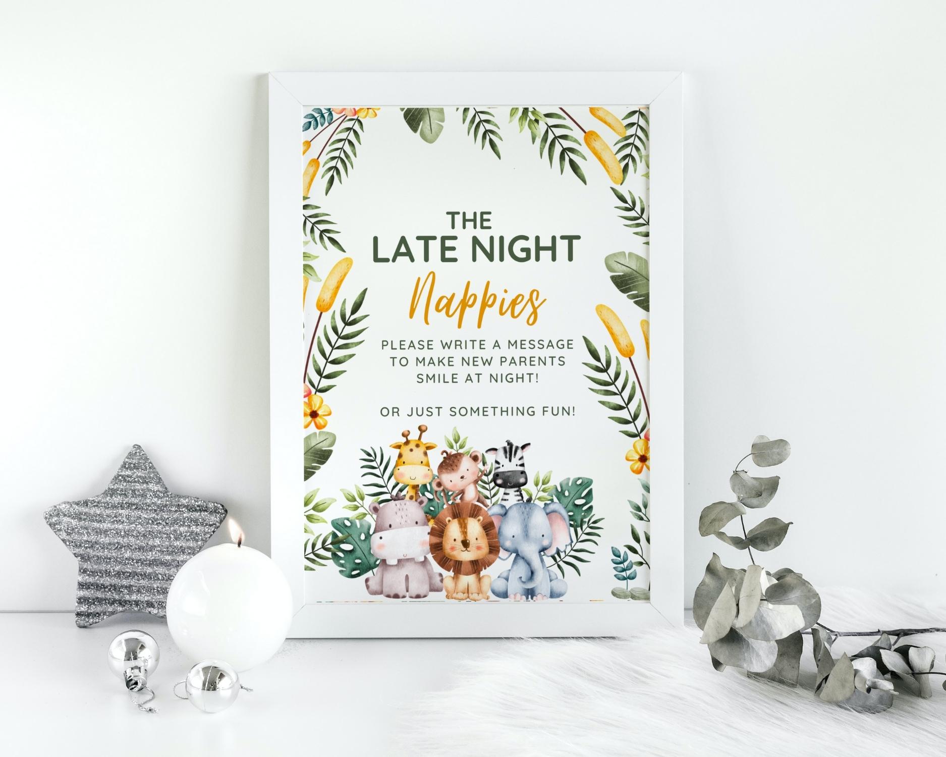 Safari Baby Shower Game: Funny Late Night Diapers Sign PDF - Ideal for Baby Shower Activities