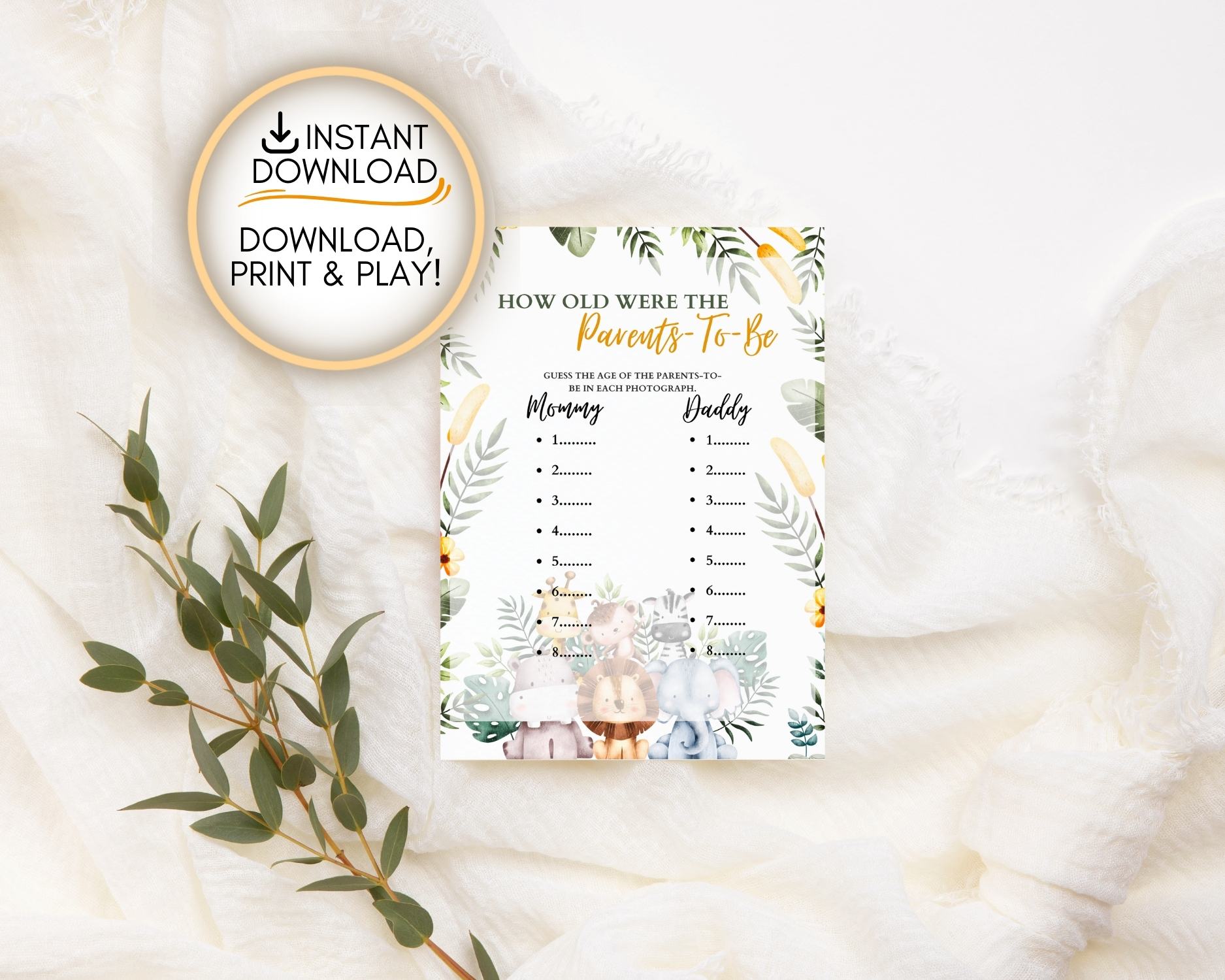 Safari Themed Baby Shower How olds were the parents to be game: Editable PDF Download for Baby Shower Games