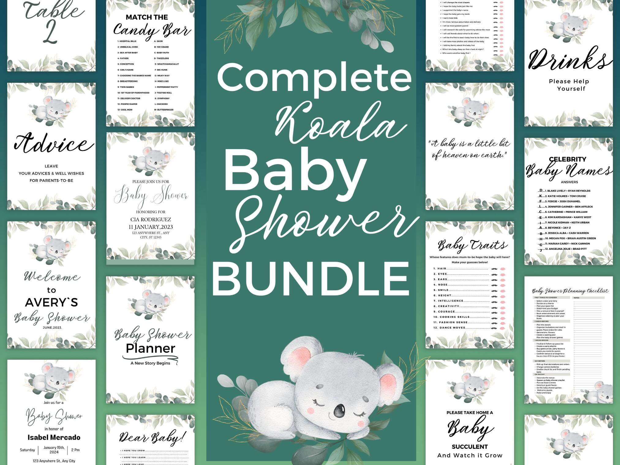 100+ Koala themed Baby Shower Printable Bundle editable Invitation, Games, Signs, Banner, Cupcake Toppers, planner, welcome sign, favor tags