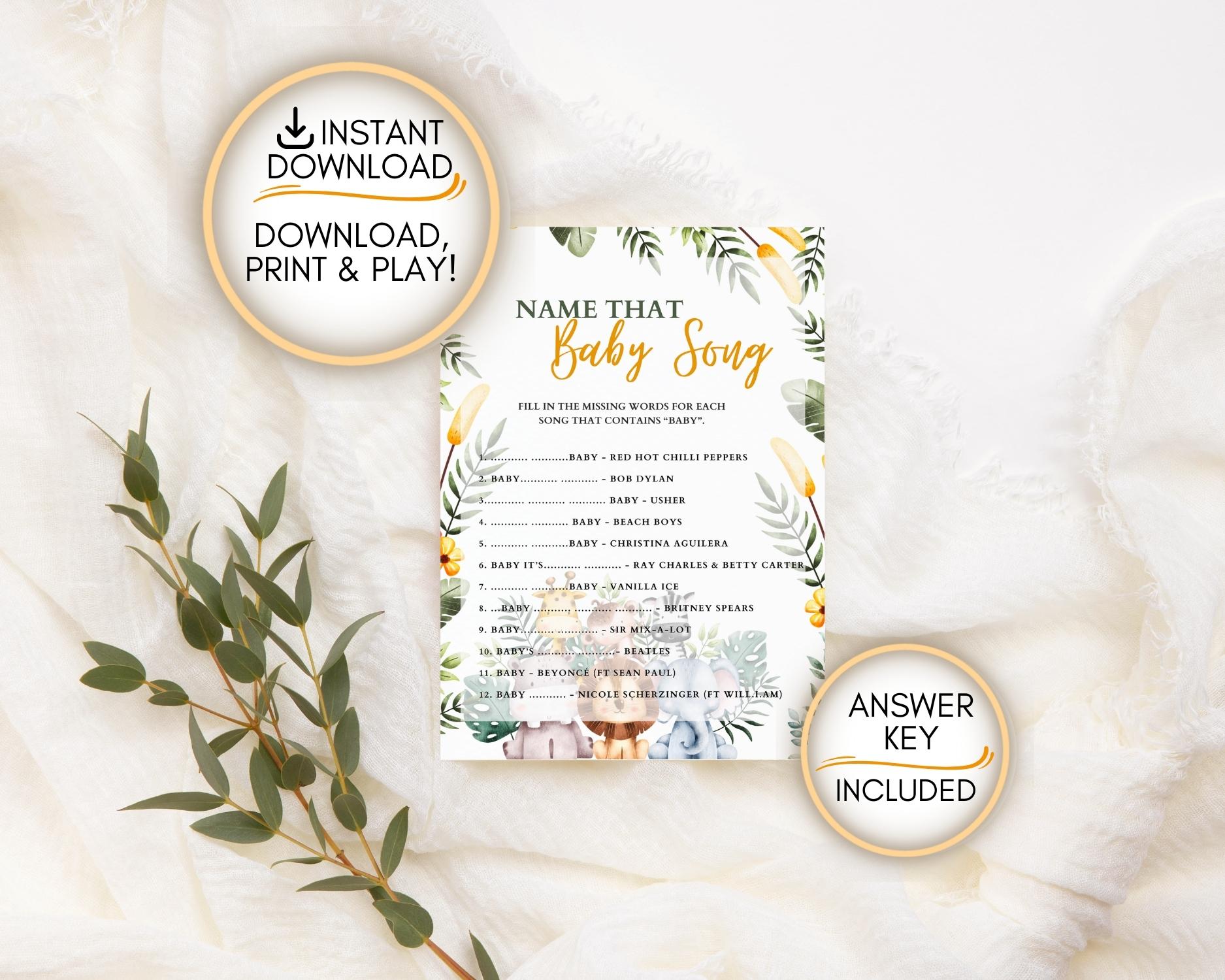 Safari themed Name the baby song game: Editable PDF Download for Baby Shower Games