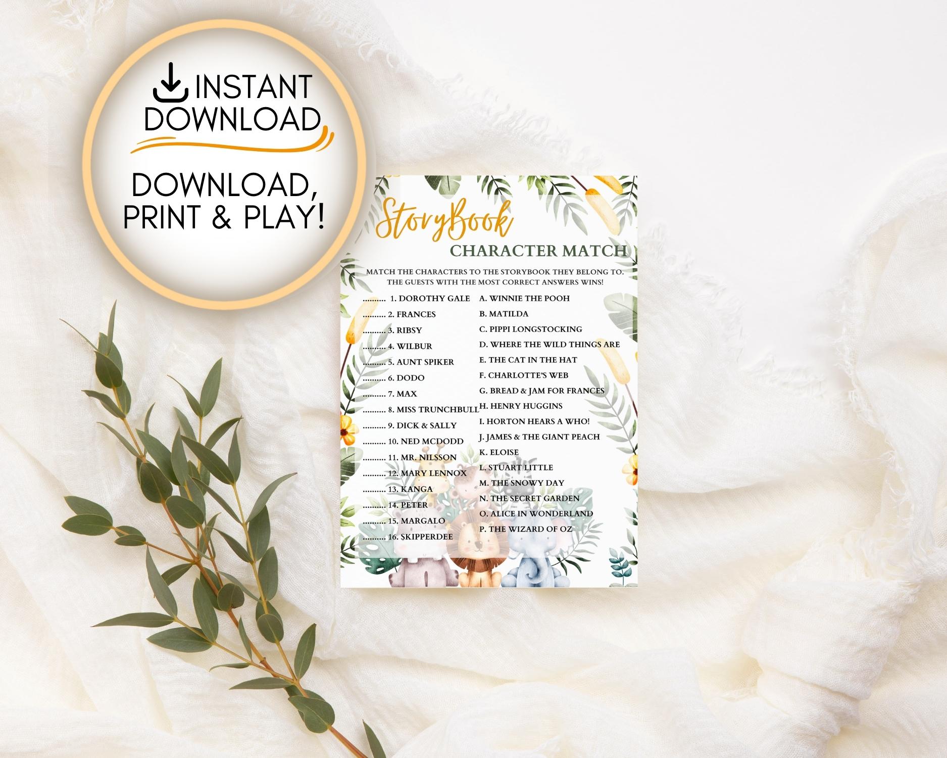 Safari Themed Character Match Story Book: Editable PDF Download for Baby Shower Games