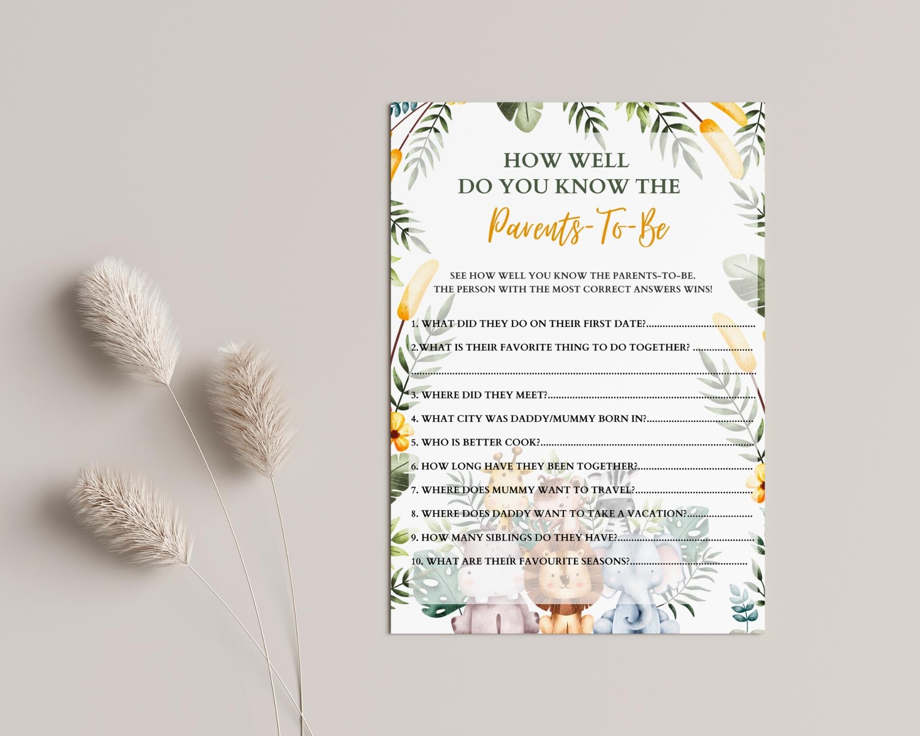 Safari themed How well do you know parents to be game: Editable PDF Download for Baby Shower Games - Image 2