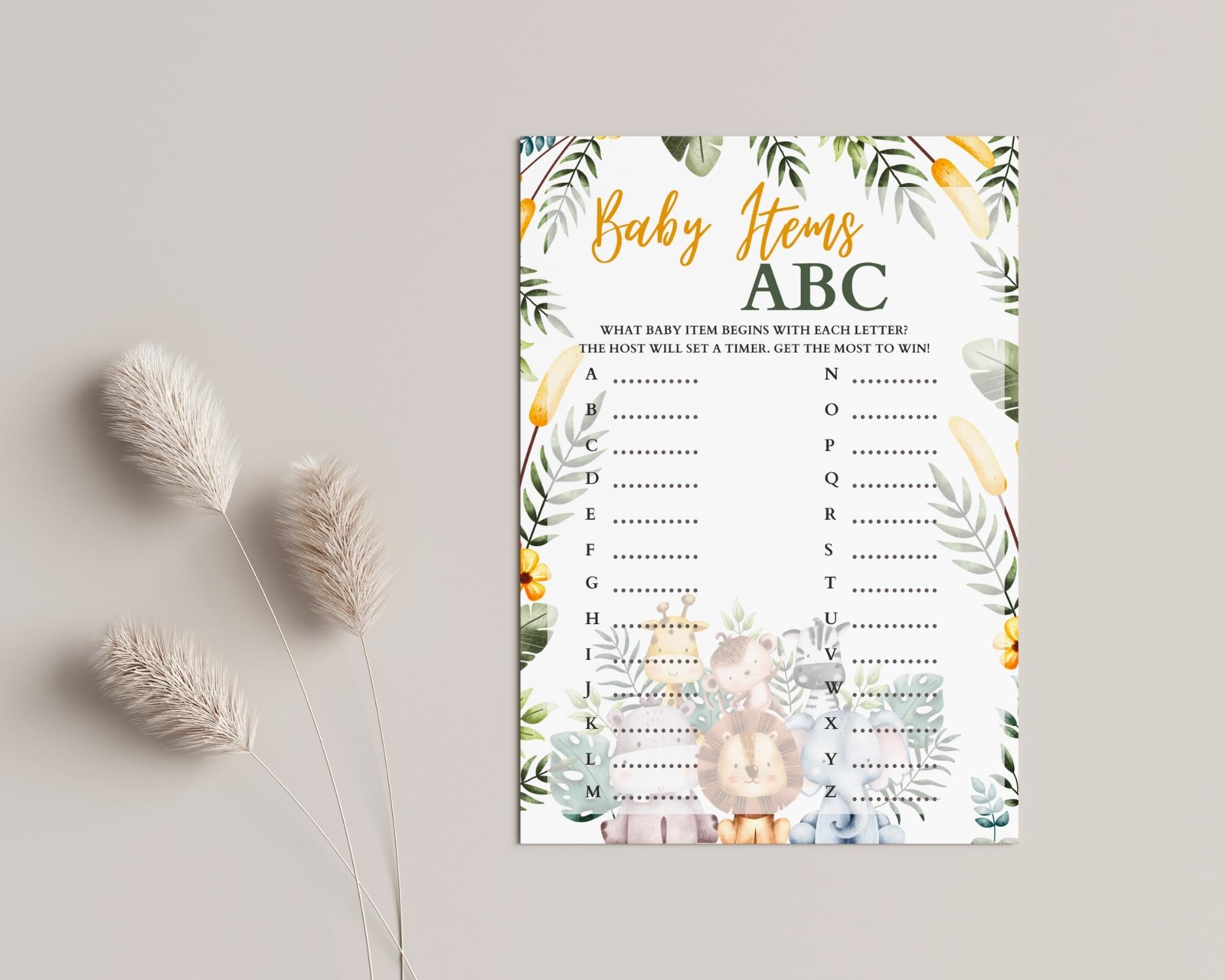 Safari themed Baby Items ABC game: Editable PDF Download for Baby Shower Games - Image 2