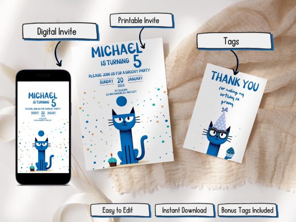 Pete the Cat Invitation and Tags Set: Printable Birthday Party Kit with ...