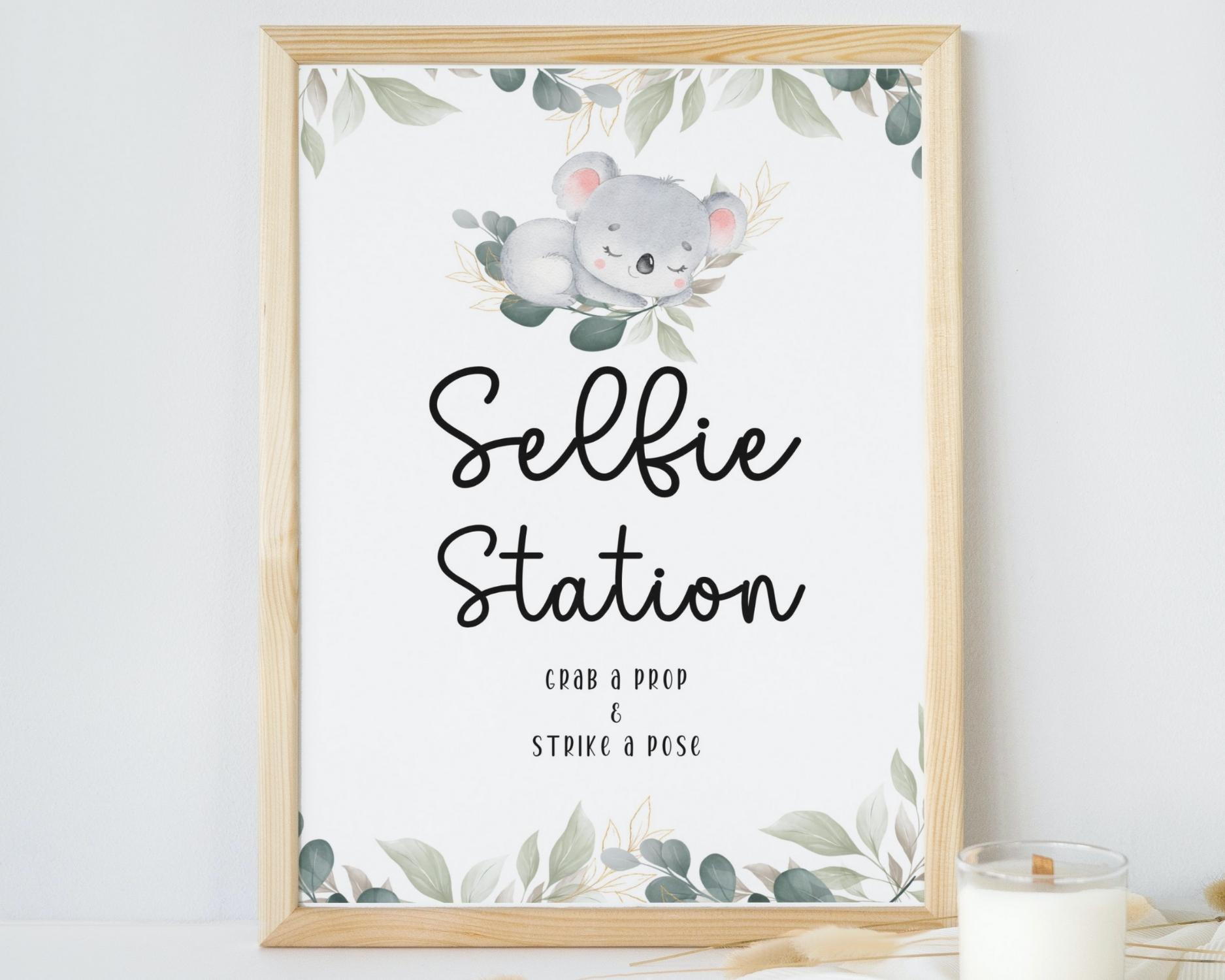 Selfie Station Table Sign printable for koala themed baby shower party