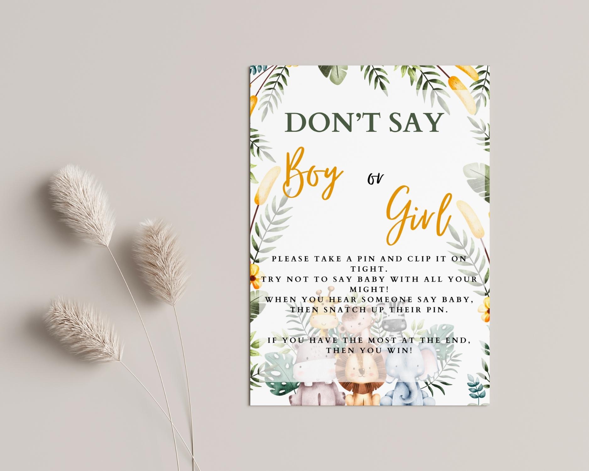 Safari themed Don't say boy or girl game: Editable PDF Download for Baby Shower Games - Image 2