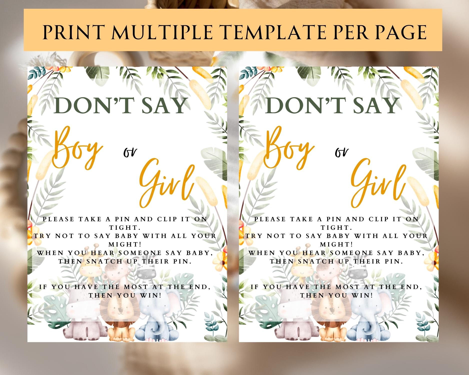Safari themed Don't say boy or girl game: Editable PDF Download for Baby Shower Games - Image 3
