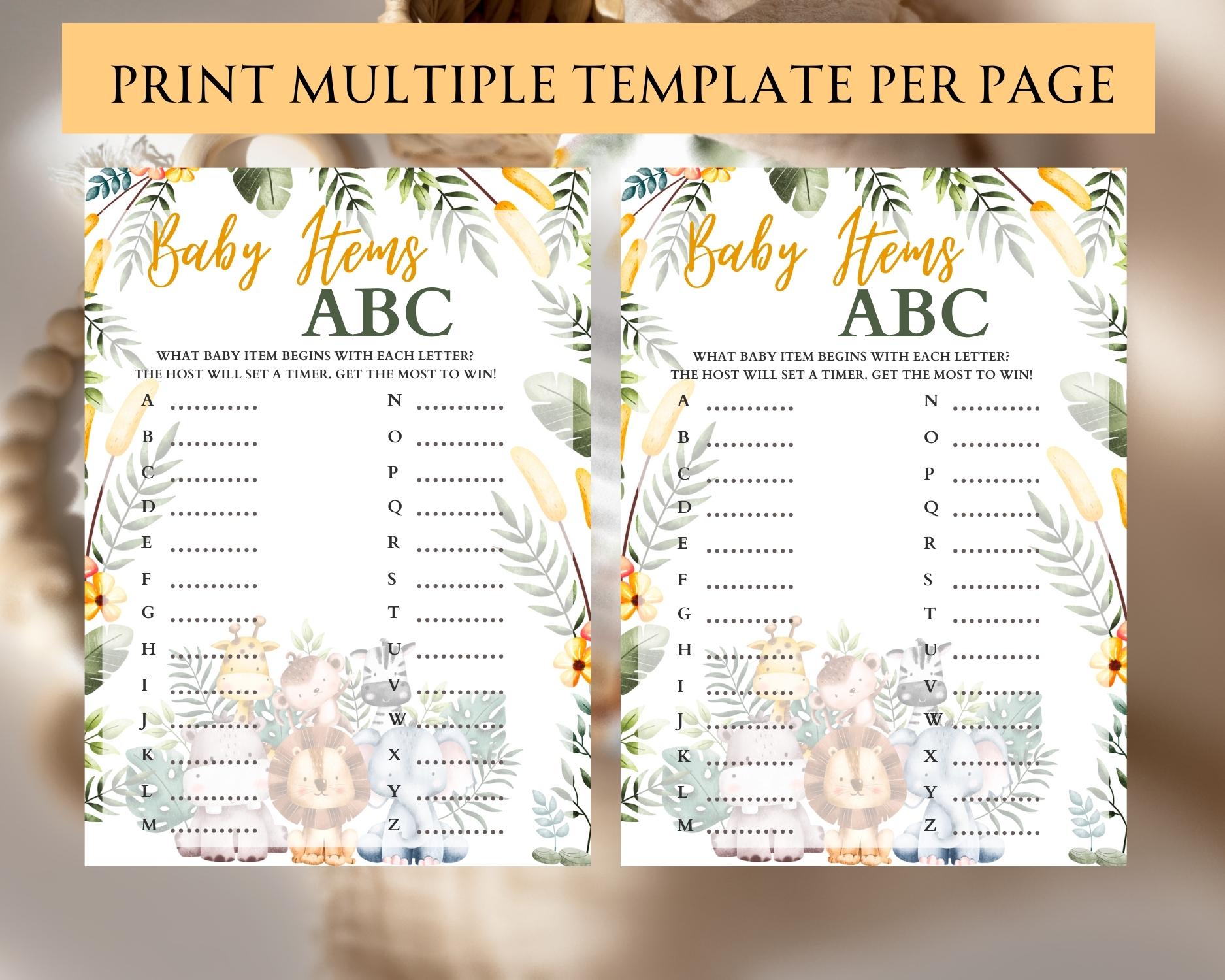Safari themed Baby Items ABC game: Editable PDF Download for Baby Shower Games - Image 3