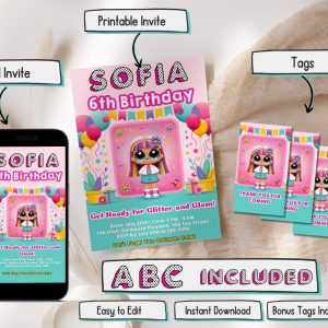 Dolls Invitation Editable template, lolDoll invitation, Pink Doll Birthday Invitation for girls, Dolls Party, LOL thank you favor tags